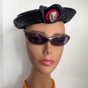 Vintage 60s USA Saucer Pillbox Heart Brooch Black Straw Woven Hat Artsy